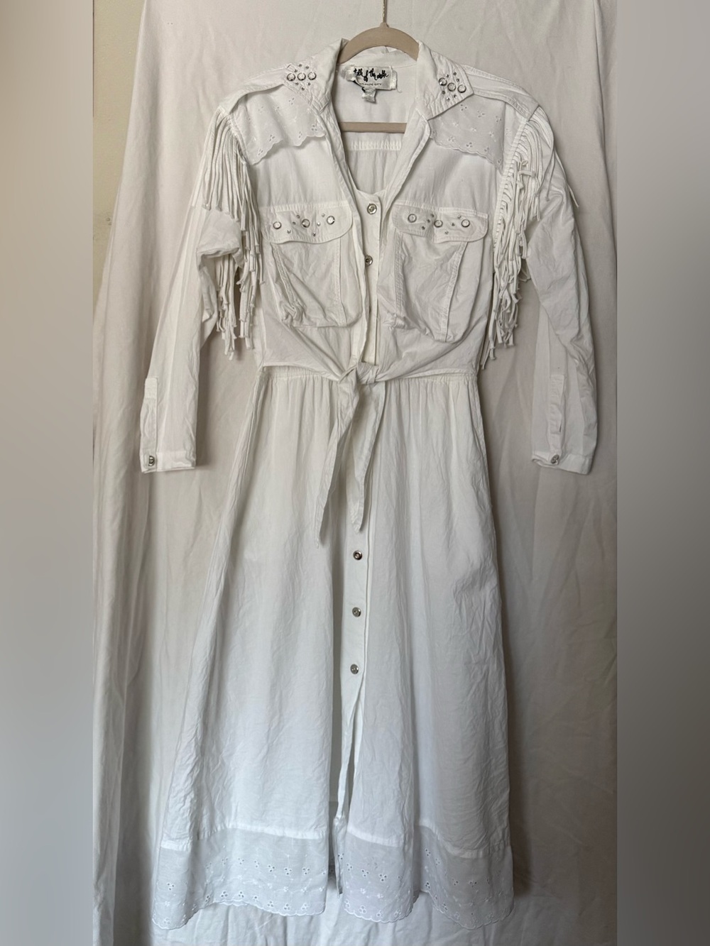 Vintage 90s Talk of the Walk White Long-Sleeve Fringe Button Western Dress